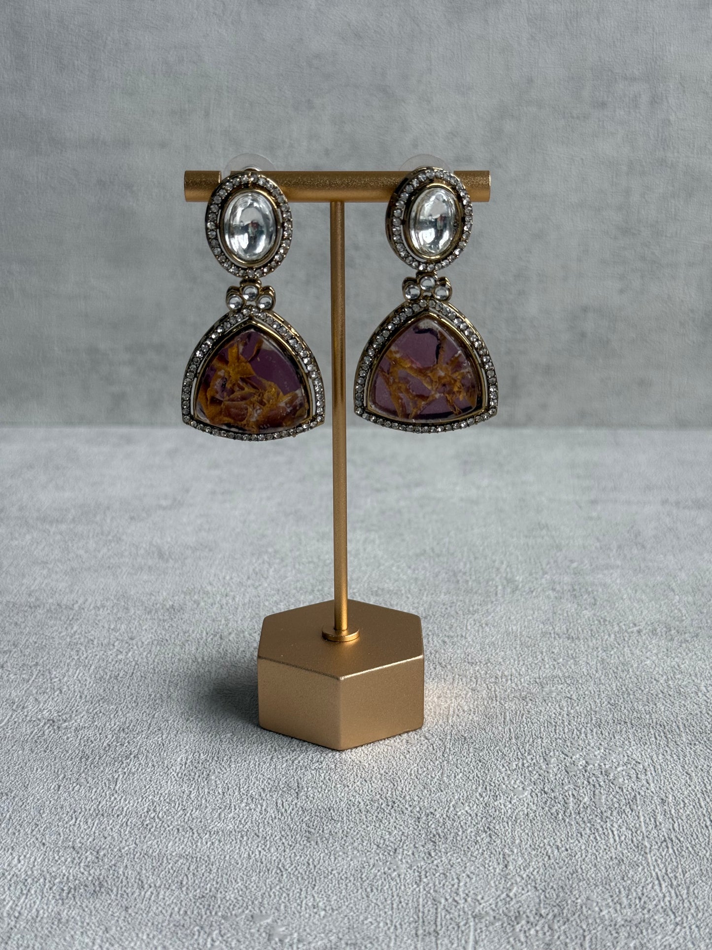 Ayura Designs Florence Earrings – mirror cut studs with Berry Pink Marble Resin & Crystal Borders