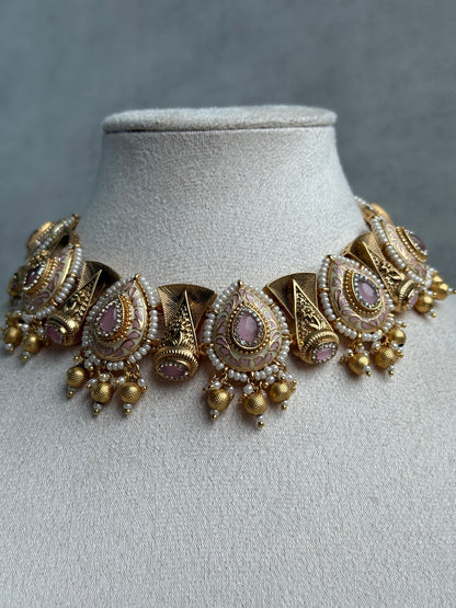 Ayura Designs Aaira Set with Necklace & Studs – Blush Pink Meenakari with Rose Pink Centre & Pearl Detailing