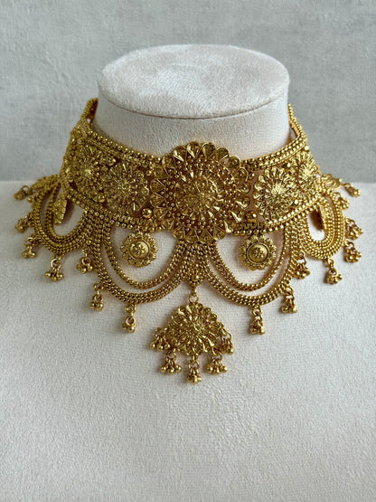 Ayura Designs Sahiban Set – Antique Gold Choker, Earrings & Tikka with Textured Filigree Motifs