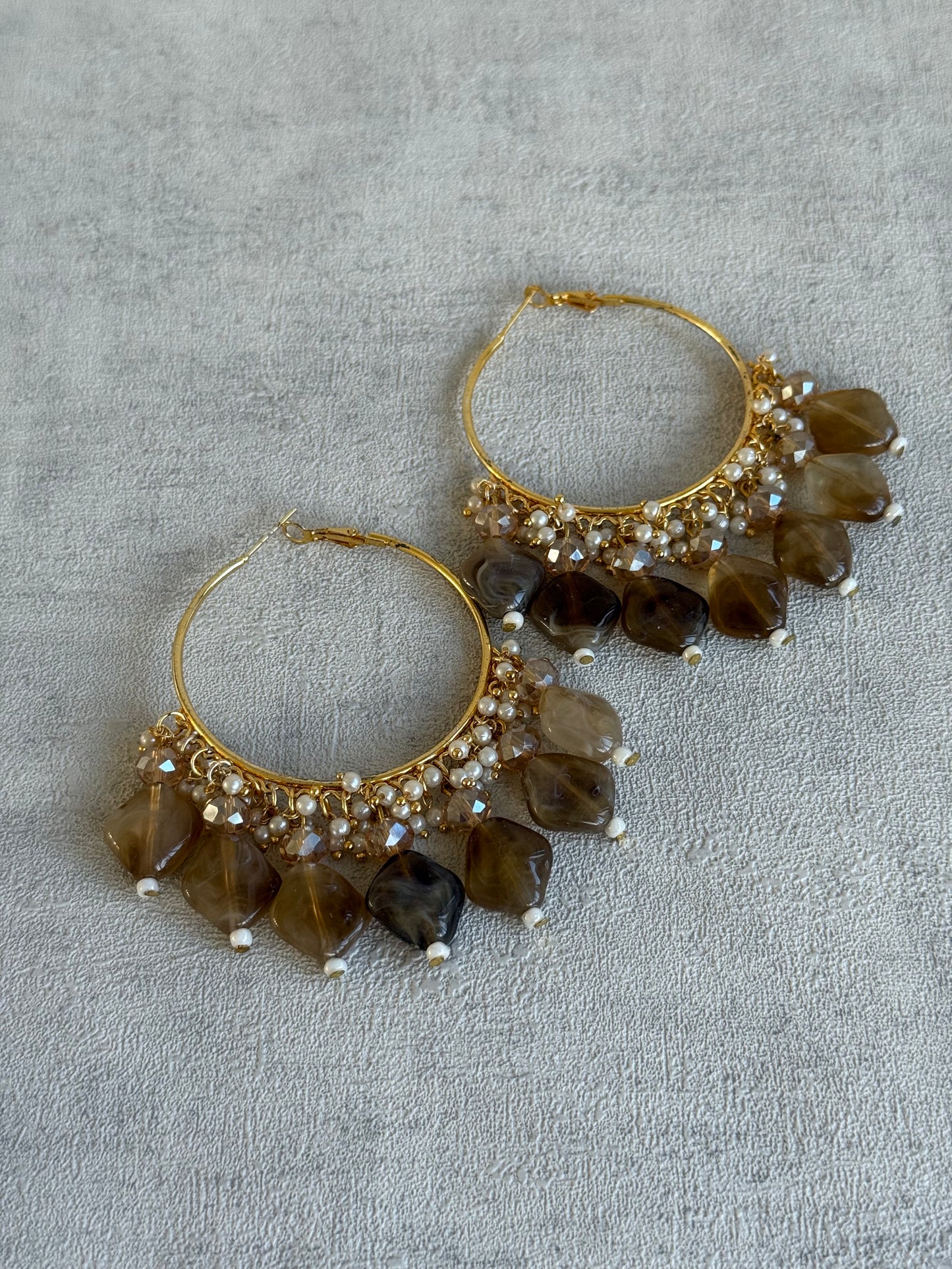 Ayura Designs Heer Balis – Gold Hoops with Mocha Marble Beads, Pearls & Crystal Detailing