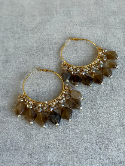 Ayura Designs Heer Balis – Gold Hoops with Mocha Marble Beads, Pearls & Crystal Detailing