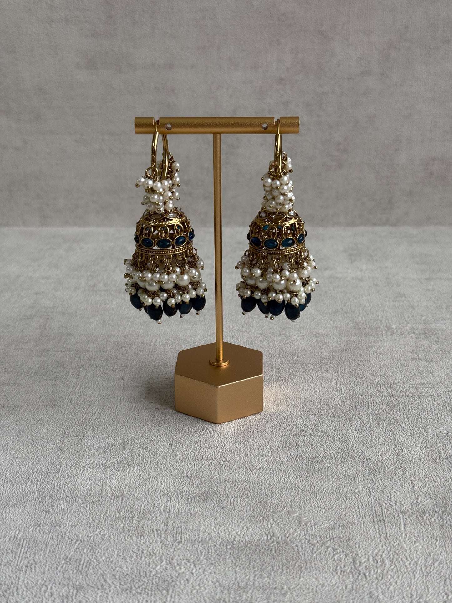 Ayura Designs Jugni Jhumkis – Antique Gold Balis with Ink Blue Beads & Pearl Clusters