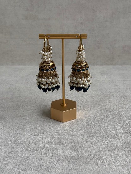 Ayura Designs Jugni Jhumkis – Antique Gold Balis with Ink Blue Beads & Pearl Clusters