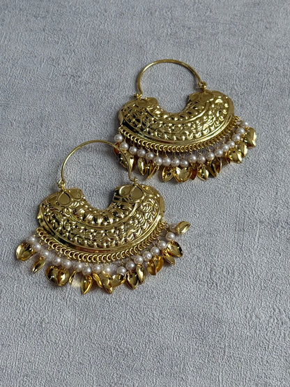 Ayura Designs Surkhab Balis – Pippal Patti Statement Earrings with Pearls & Gold Leaf Charms