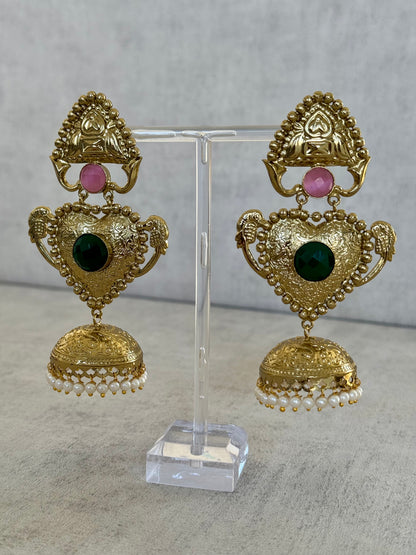 Ayura Designs Dil Earrings – Gold Brass Earrings with Green & Pink Stone Accents and Pearl Jhumka Detailing