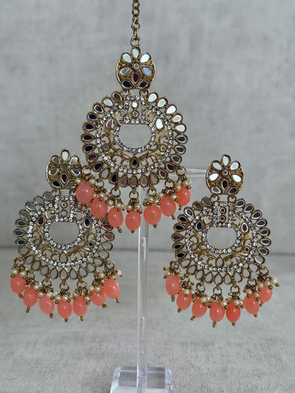 Ayura Designs Bahar Tikka Set with Earrings – Peach Beads,Mirror Work & Antique Gold