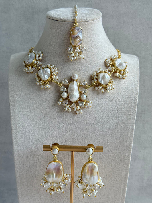 Ayura Designs Niamh Set with Tikka & Earrings - Baroque Pearl, Mother of Pearl & Crystals