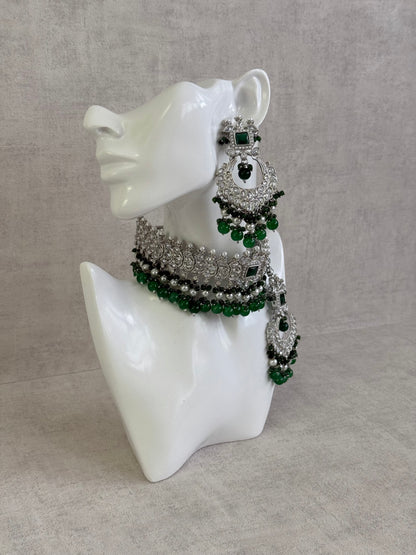 Ayura Designs Sarwat Choker Set – Emerald Green Stones, Ivory Pearl Drops & Antique Silver Finish