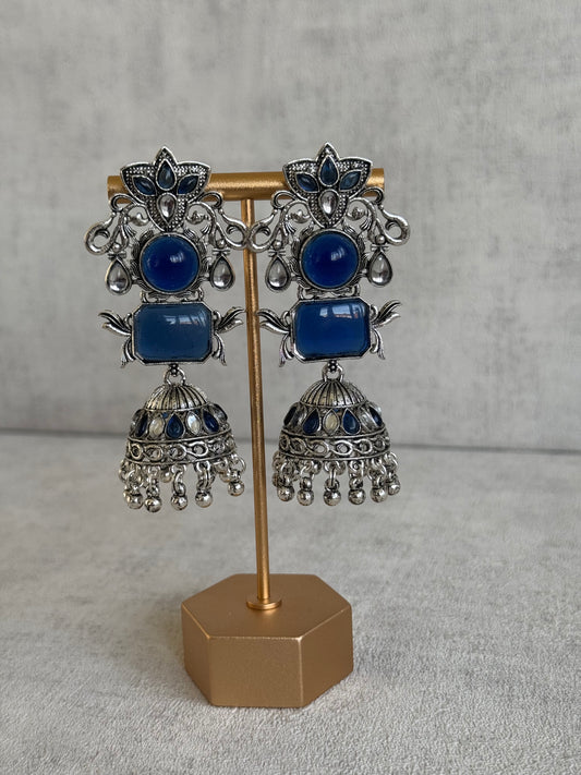 Ayura Designs Noorani Earrings – Oxidised Silver with Lajwardi Blue Stones, Kundan Detailing & Enamelled Jhumkis