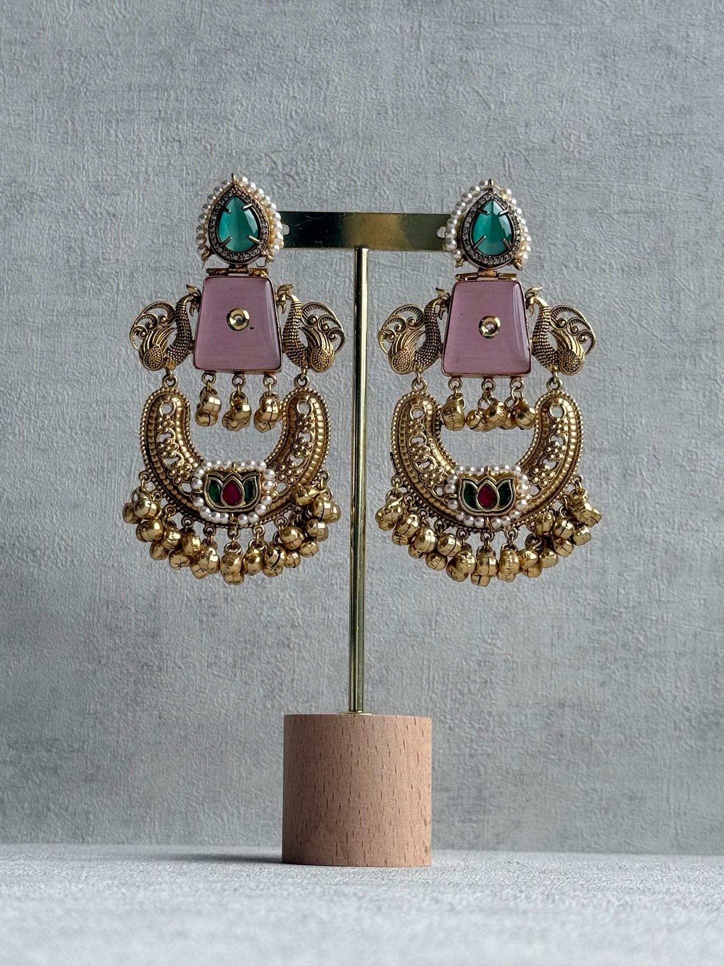 Ayura Designs Sahar Earrings – Statement Earrings with Blush Pink Stone, Mint Green Accents & Ghungroo Detailing