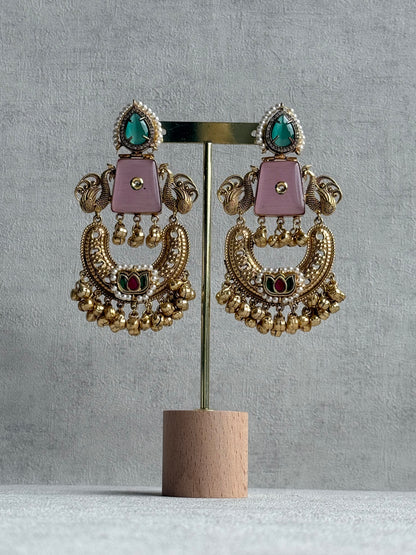 Ayura Designs Sahar Earrings – Statement Earrings with Blush Pink Stone, Mint Green Accents & Ghungroo Detailing