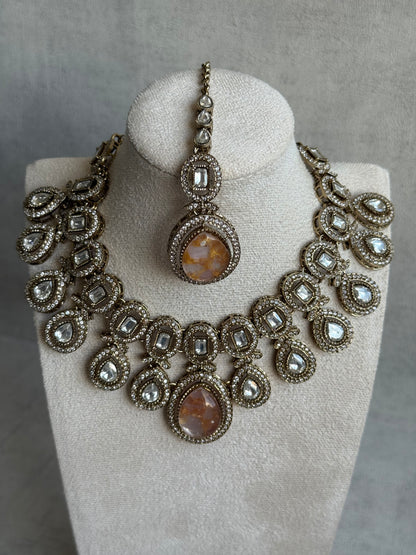Ayura Designs Aurora Set with Earrings & Tikka – Peach & Ivory Stone with Mirror-Cut Accents in Antique Gold Finish