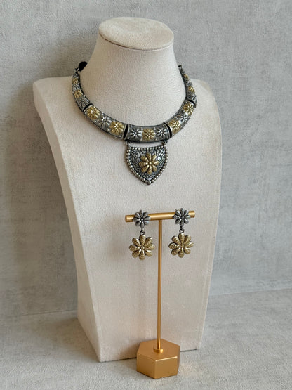Ayura Designs Andaaz Set with Earrings – Dual Tone Oxidised Floral Necklace Set