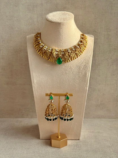 Ayura Designs Rami Collar Set with Jhumkis – Sculpted Gold Collar with Emerald Green Stone and Crystal Detailing