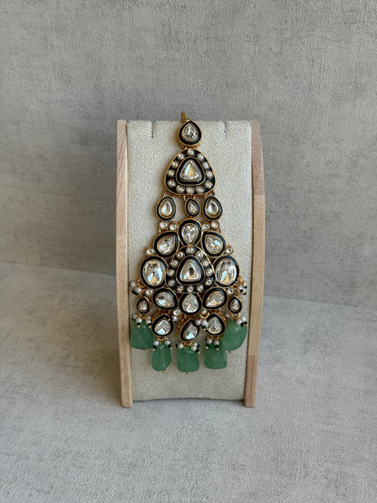 Ayura Designs Sumaira Set with Passa – Necklace, Earrings, Tikka & Passa with Kundan, Green Meenakari Detailing & Jade Green Drops