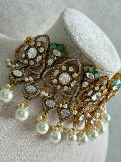 Ayura Designs Serina Choker Set with Earrings – Mint & Pistachio Enamel, Mirror-Cut Stones & Pearl Drops