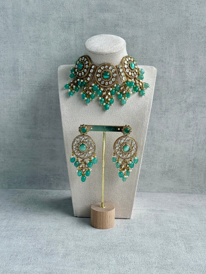 Ayura Designs Harper Set – Antique Gold Choker & Earrings with Mint Green Beads, Kundan Stones & Pearl Detailing