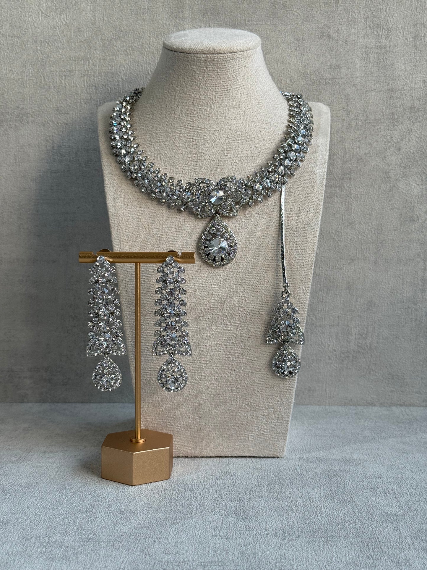 Ayura Designs Falaq Set with Necklace, Earrings & Tikka – Silver Finish with Diamond-Cut Crystals