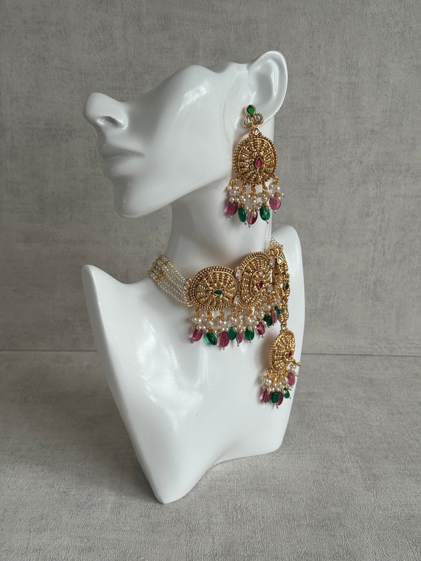 Ayura Designs Tanveer Choker Set with Earrings & Tikka – Antique Gold with Mirror-Cut Stones, Ruby & Emerald Beads