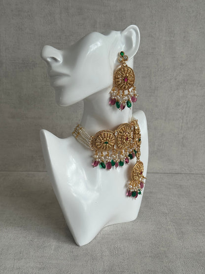 Ayura Designs Tanveer Choker Set with Earrings & Tikka – Antique Gold with Mirror-Cut Stones, Ruby & Emerald Beads