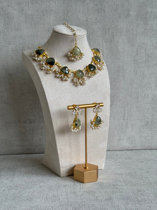 Ayura Designs Lala Set with Tikka & Earrings – Prehnite, Swarovski Crystals & Pearls