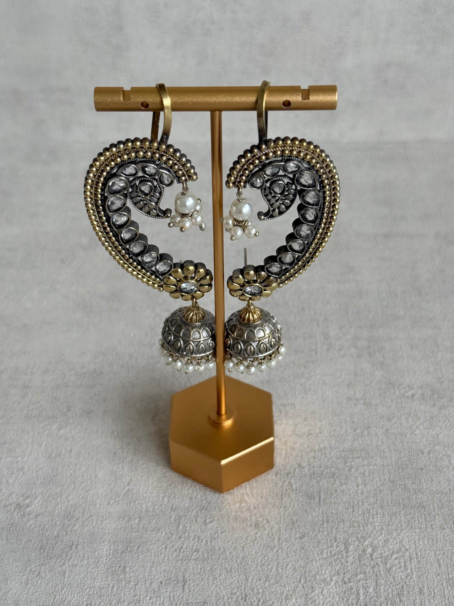 Ayura Designs Koyal Jhumkis – Oxidised Dual Tone Ear Climber Jhumkis with Kundan Stones & Pearl Detailing