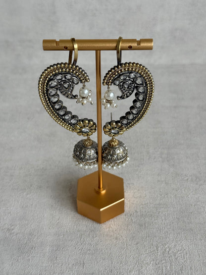Ayura Designs Koyal Jhumkis – Oxidised Dual Tone Ear Climber Jhumkis with Kundan Stones & Pearl Detailing