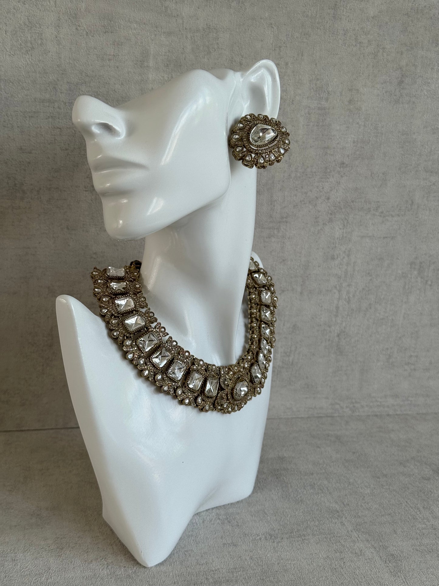 Ayura Designs Riva Set with Necklace, Studs & Tikka – All-Mirror Stones in Antique Gold