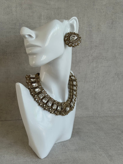 Ayura Designs Riva Set with Necklace, Studs & Tikka – All-Mirror Stones in Antique Gold