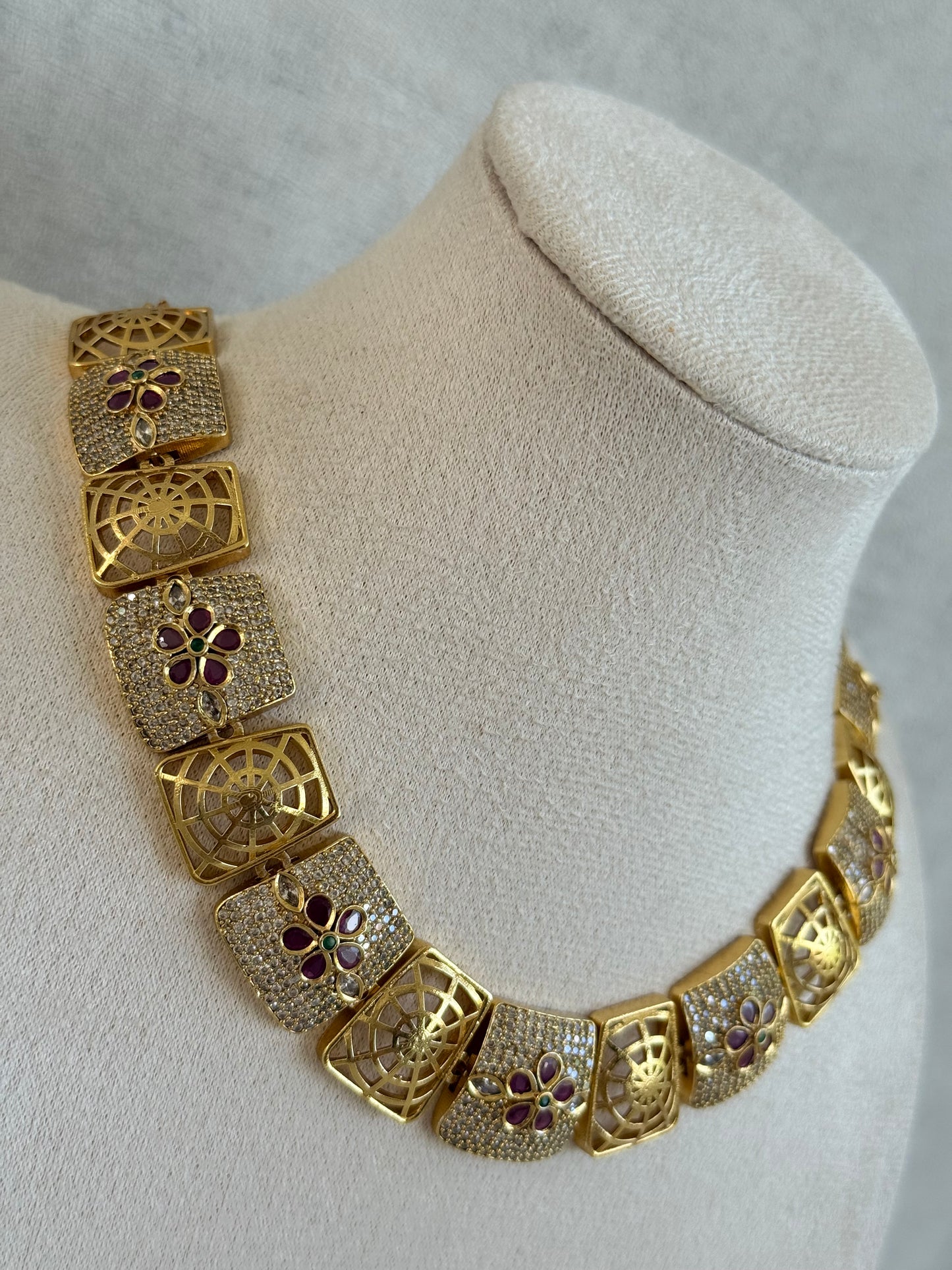 Ayura Designs Vibha Necklace & Stud Earrings Set – Gold Floral Statement Design with Ruby Pink & Crystal Detailing