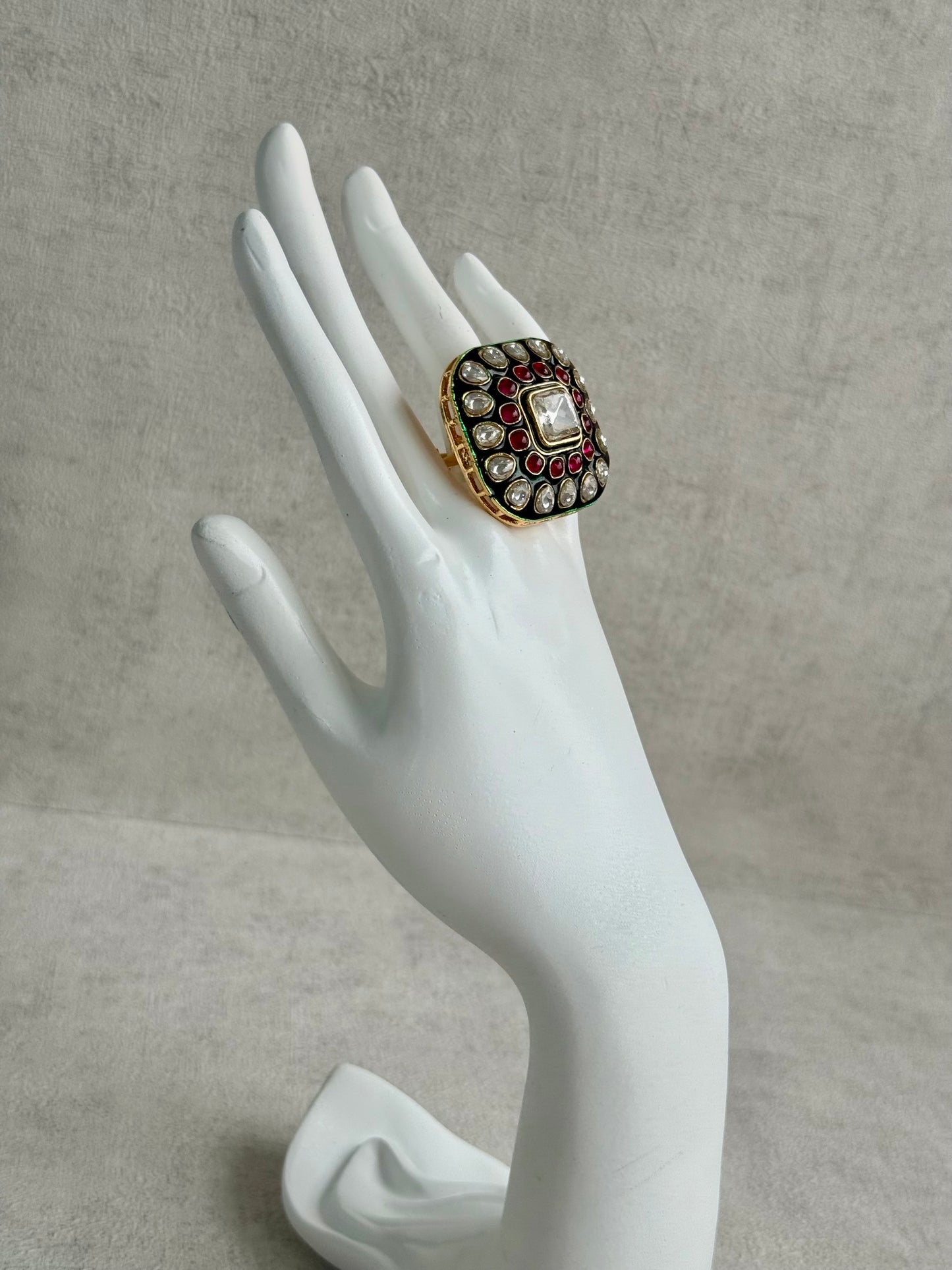 Ayura Designs Arzoo Adjustable Ring – Mirror-Cut Stone Centre with Ruby Pink Stones, Green Enamel & Crystal Detailing