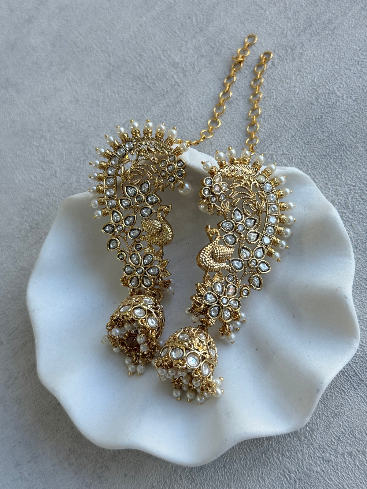 Ayura Designs Nitya Kaanphool Jhumkis – Gold Half Ear Cuff Earrings, Peacock Motifs, Kundan, Ivory Pearl Drops & Sahare
