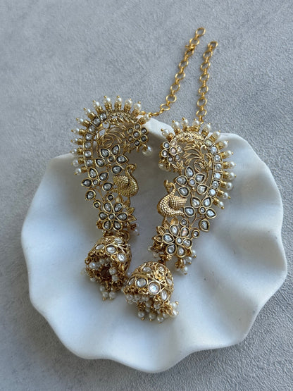 Ayura Designs Nitya Kaanphool Jhumkis – Gold Half Ear Cuff Earrings, Peacock Motifs, Kundan, Ivory Pearl Drops & Sahare
