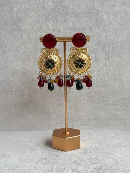 Ayura Designs Faizaan Choker Set with Earrings – Multicolour Stone Drops, Carved Ruby Details & Antique Gold Finish