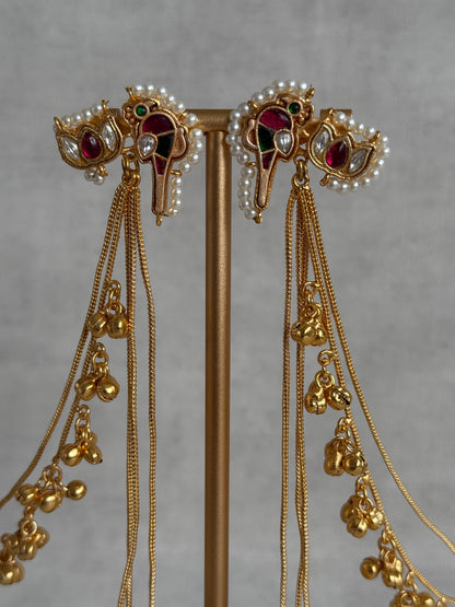 Ayura Designs Aman Earrings with Sahare – Kashmiri-Inspired Meenakari in Ruby Red & Emerald Green with Bird & Lotus Motifs