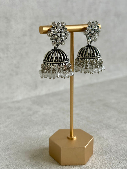 Ayura Designs Syra Jhumkis – Mirror-Cut Stone Tops, Crystal Drop Fringe & Oxidised Silver Finish