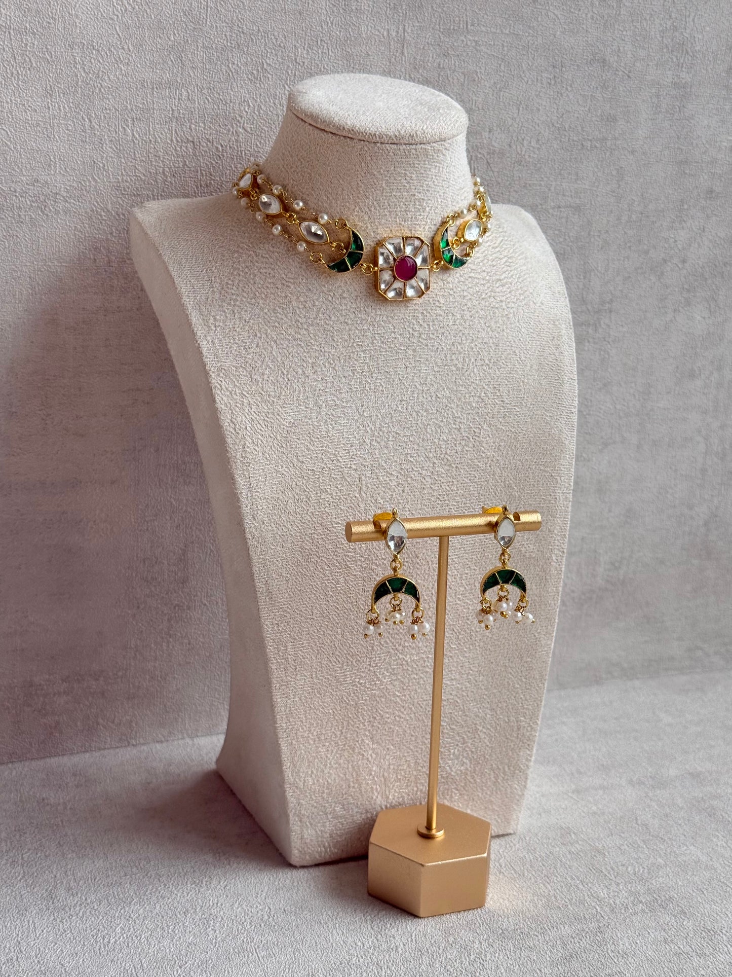 Ayura Designs Mahi Choker Set with Earrings – Meenakari Kundan Green & Pink Detailing