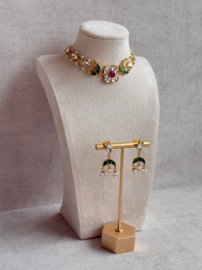 Ayura Designs Mahi Choker Set with Earrings – Meenakari Kundan Green & Pink Detailing