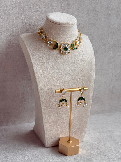 Ayura Designs Mahi Choker Set with Earrings – Meenakari Kundan Emerald Green & Ivory Detailing