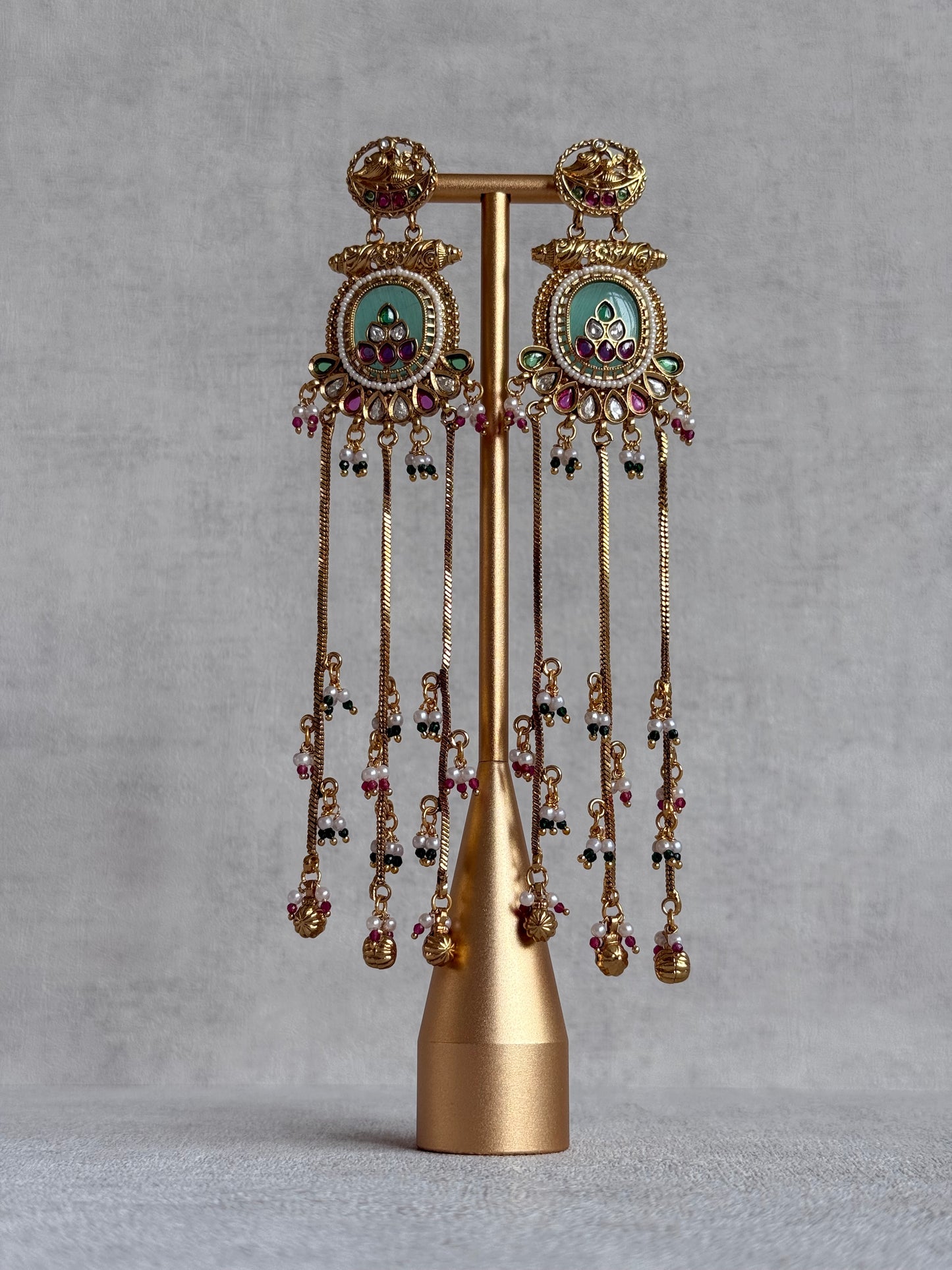 Ayura Designs Kaveri Earrings – Gold Long Chain Drop Earrings with Kundan, Pearls & Ghungroo Detailing – Mint Green