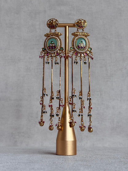 Ayura Designs Kaveri Earrings – Gold Long Chain Drop Earrings with Kundan, Pearls & Ghungroo Detailing – Mint Green