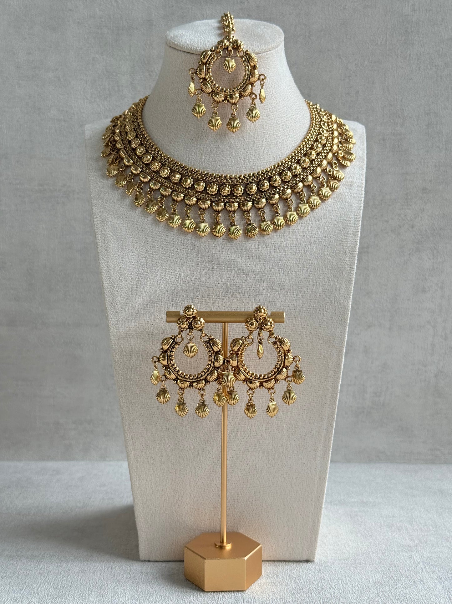 Ayura Designs Falaq Necklace Set with Earrings & Tikka – Gold Finish with Layered Chain, Floral & Shell Drop Detailing