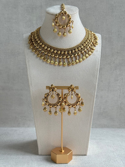Ayura Designs Falaq Necklace Set with Earrings & Tikka – Gold Finish with Layered Chain, Floral & Shell Drop Detailing