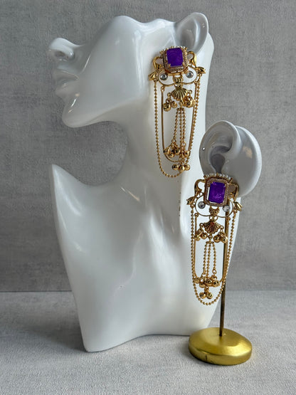 Ayura Designs Jaid Earrings – Royal Purple Floral Motif with Layered Chains & Ghungroos