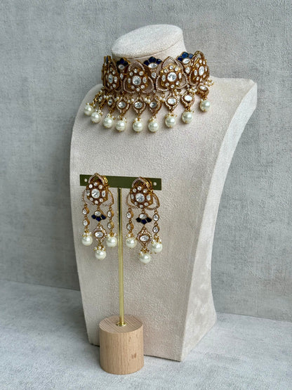 Ayura Designs Serina Choker Set with Earrings – Midnight Blue Enamel, Mirror-Cut Stones & Pearl Drops