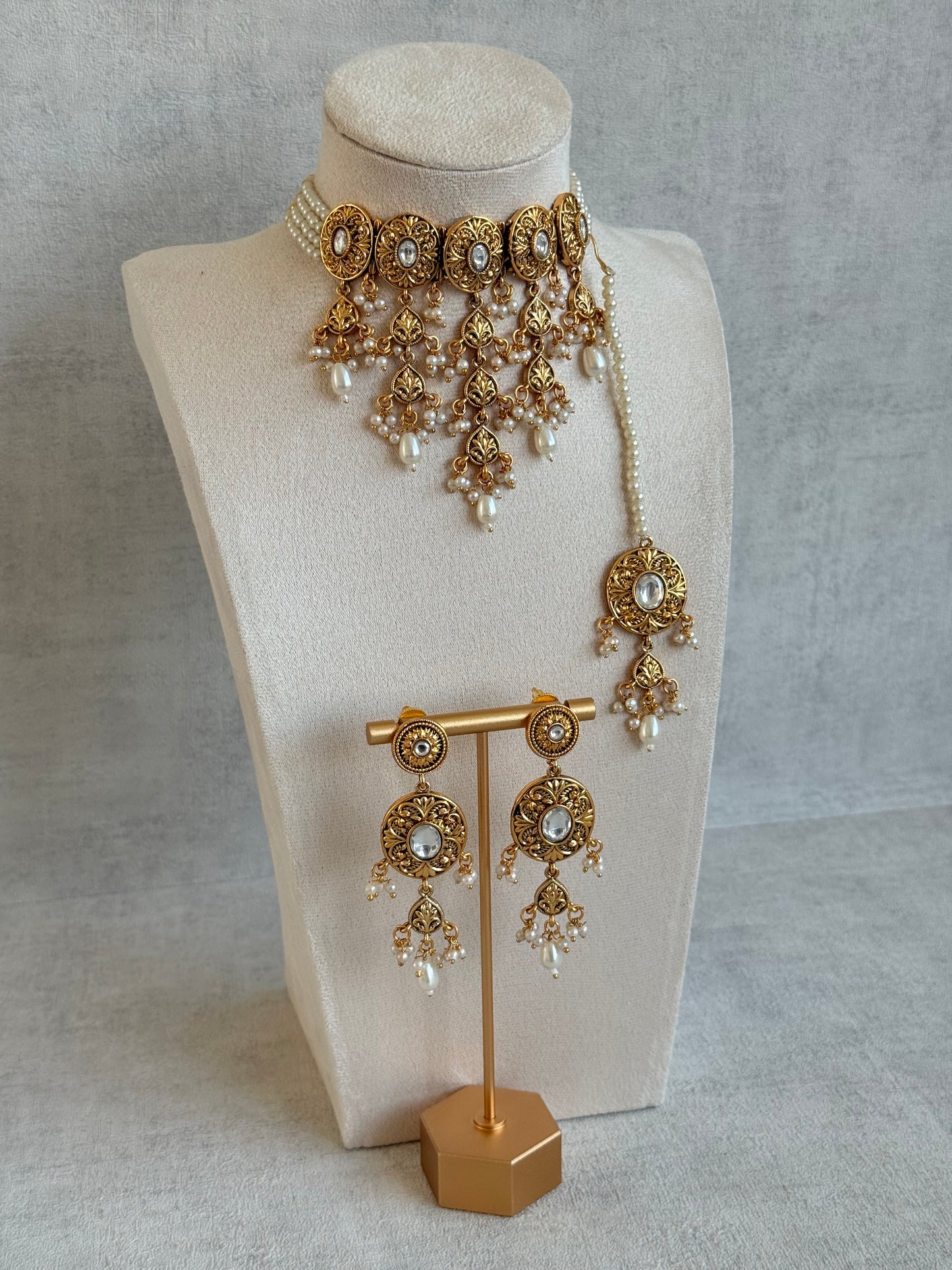 Ayura Designs Mohak Choker Set with Earrings & Tikka – Gold Waterfall Design with Kundan & Pearl Drops