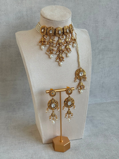 Ayura Designs Mohak Choker Set with Earrings & Tikka – Gold Waterfall Design with Kundan & Pearl Drops