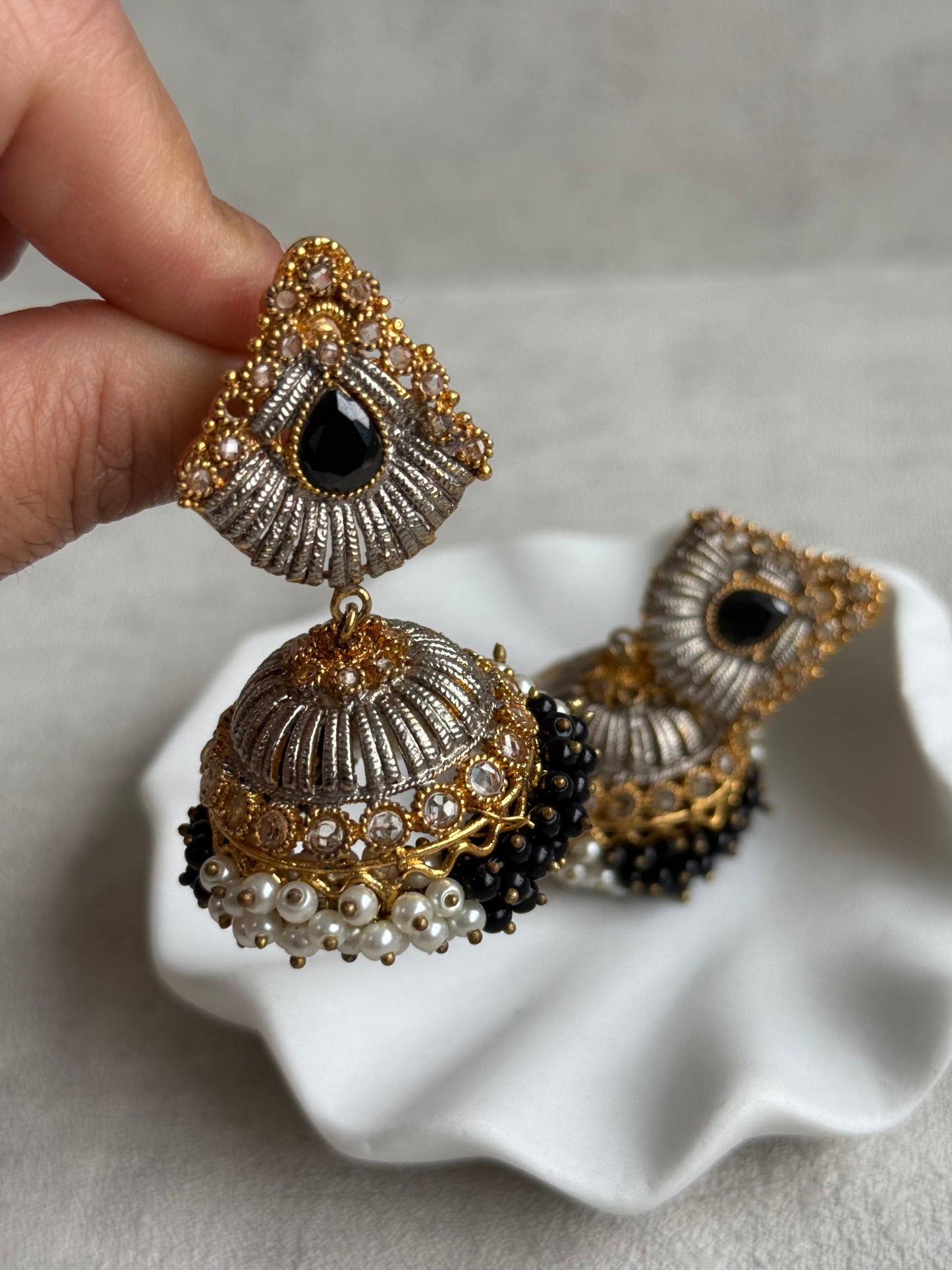 Ayura Designs Nasha Jhumkis – Silver & Gold Dual-Tone Earrings with Black & Pearl Beads