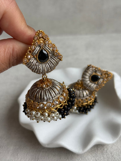 Ayura Designs Nasha Jhumkis – Silver & Gold Dual-Tone Earrings with Black & Pearl Beads