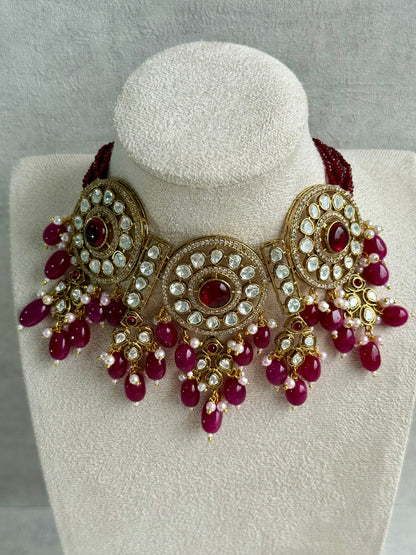 Ayura Designs Harper Set – Antique Gold Choker & Earrings with Deep Berry Pink Beads, Kundan Stones & Pearl Detailing